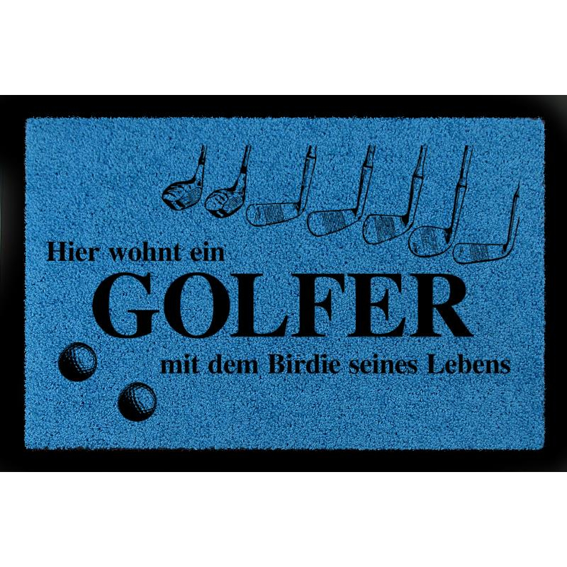 FUSSMATTE Türmatte HIER WOHNT EIN GOLFER Hobby Golf Geschenk 60x40 cm Spruch Royalblau