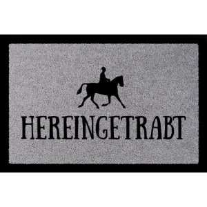 TÜRMATTE Fußmatte HEREINGETRABT Hobby Reiten Pferd Stall Türvorleger Geschenk Hellgrau