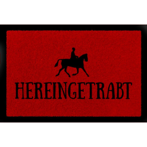 TÜRMATTE Fußmatte HEREINGETRABT Hobby Reiten Pferd Stall Türvorleger Geschenk Rot