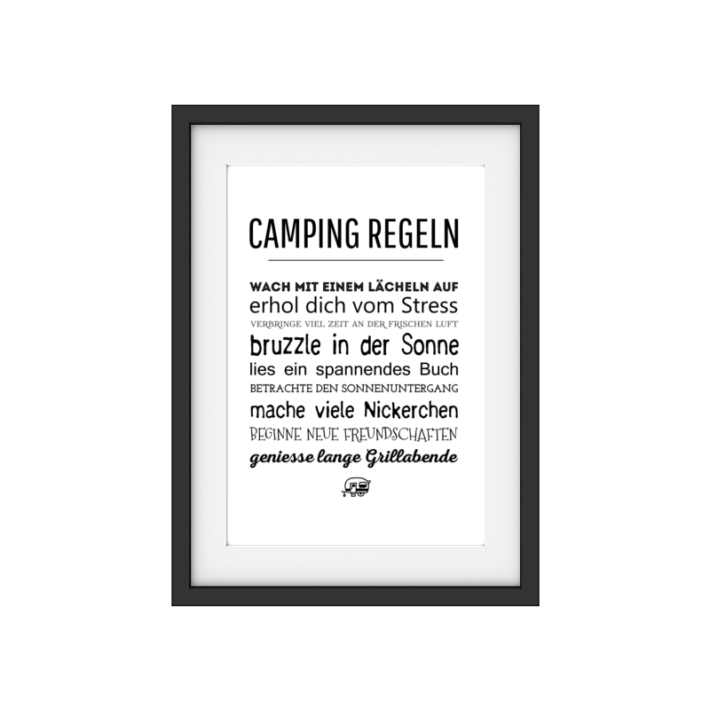INTERLUXE Kunstdruck CAMPING REGELN Urlaub Zelten Sommer Campen Spruch DIN A4