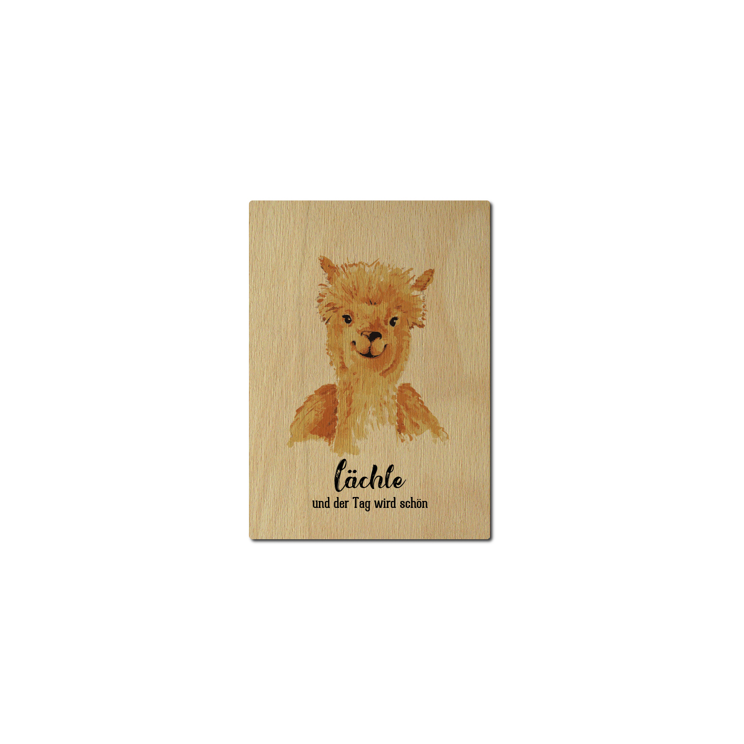 LUXECARDS POSTKARTE aus Holz LÄCHLE UND DER TAG WIRD SCHÖN Lama Grußkarte Spruch