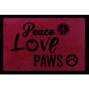 FUSSMATTE Türmatte PEACE LOVE PAWS Hund Pfoten Zuhause Geschenk Eingang Matte Bordeauxrot