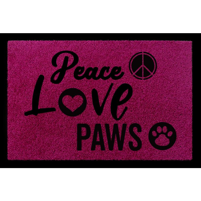FUSSMATTE Türmatte PEACE LOVE PAWS Hund Pfoten Zuhause Geschenk Eingang Matte Fuchsia