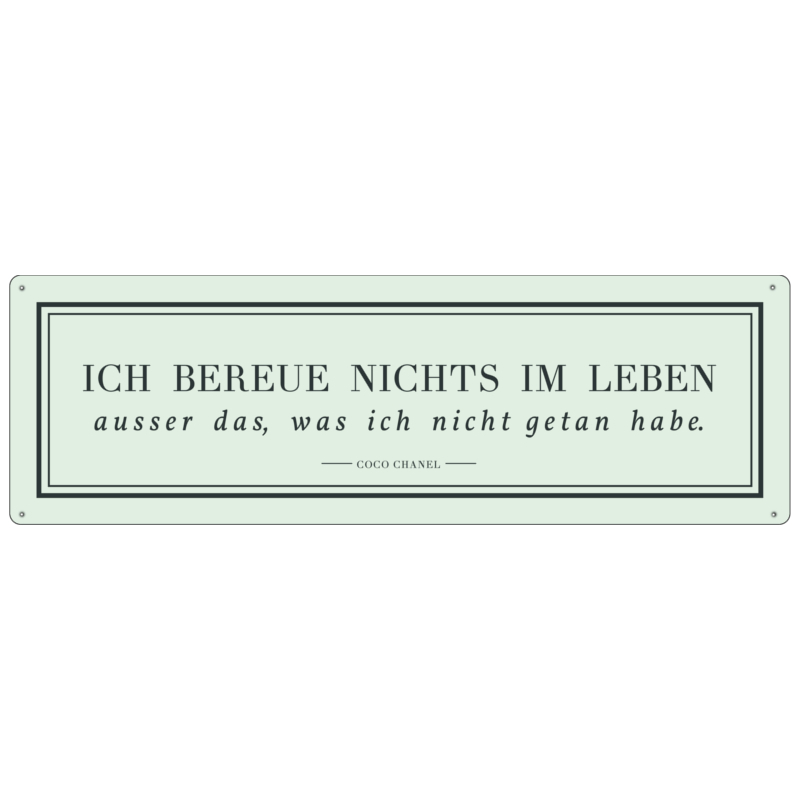 METALLSCHILD Blechschild ICH BEREUE NICHTS IM LEBEN Coco Chanel Pastell Grün Zitat Spruch