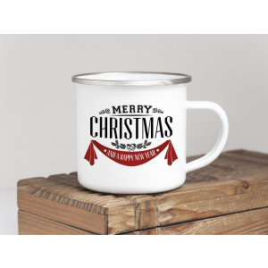 EMAILLE BECHER Retro Tasse MERRY CHRISTMAS rote Stoff...