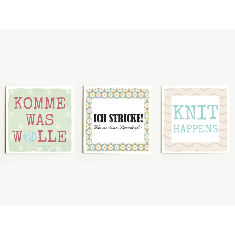 Interluxe Magnet 3er Set Komme was Wolle 70x70mm Kühlschrankmagnete mit lustigen Sprüchen, ideal als kleines Geschenk für Freundinnen und Mädels, die gerne stricken