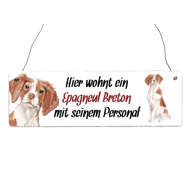 Interluxe Holzschild - Hier wohnt ein Epagneul Breton - Türschild, Warnschild oder Hundeschild als Geschenk für Menschen mit Hund