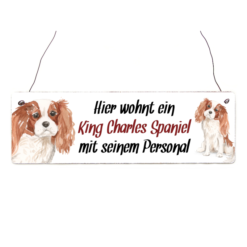 Interluxe Holzschild - Hier wohnt ein King Charles Spaniel - Schild, Türschild oder Hundeschild als Geschenk für Menschen mit Hund
