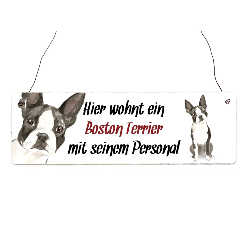 Interluxe Holzschild - Hier wohnt ein Boston Terrier - Türschild, Dekoschild, Warnschild als Geschenk für Menschen mit Hund