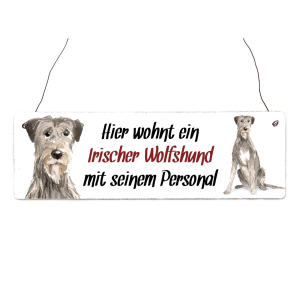 Interluxe Holzschild - Hier wohnt ein Irischer Wolfshund - Türschild, Dekoschild, Warnschild als Geschenk für Menschen mit Hund