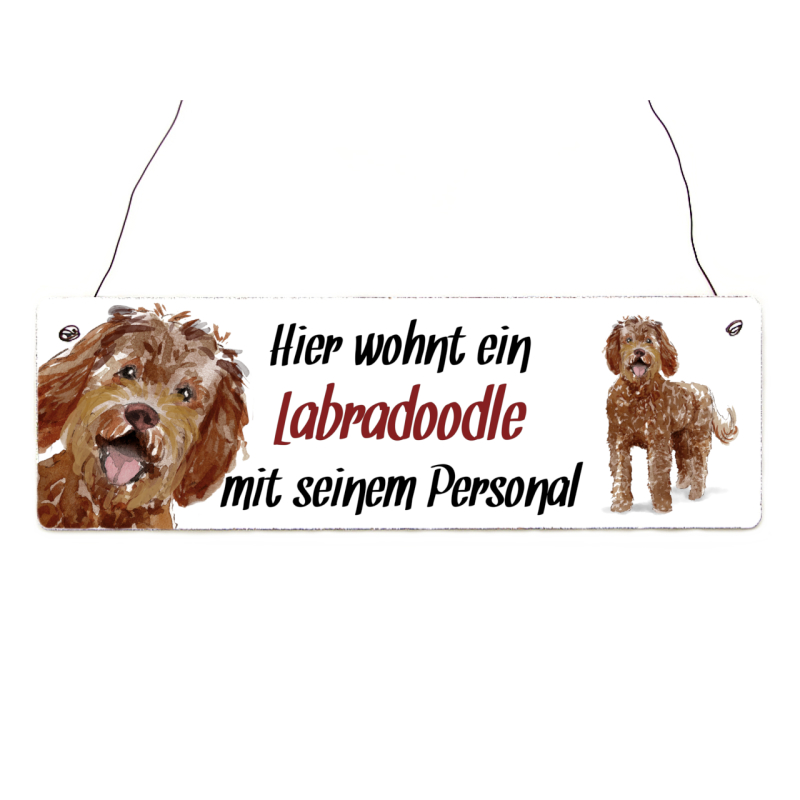 Interluxe Holzschild - Hier wohnt ein Labradoodle - Türschild, Dekoschild, Warnschild als Geschenk für Menschen mit Hund
