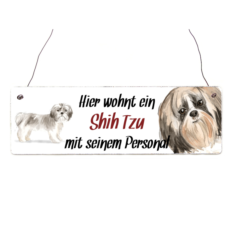 Interluxe Holzschild - Hier wohnt ein Shih Tzu - Türschild, Dekoschild, Schild als Geschenk für Menschen mit Hund