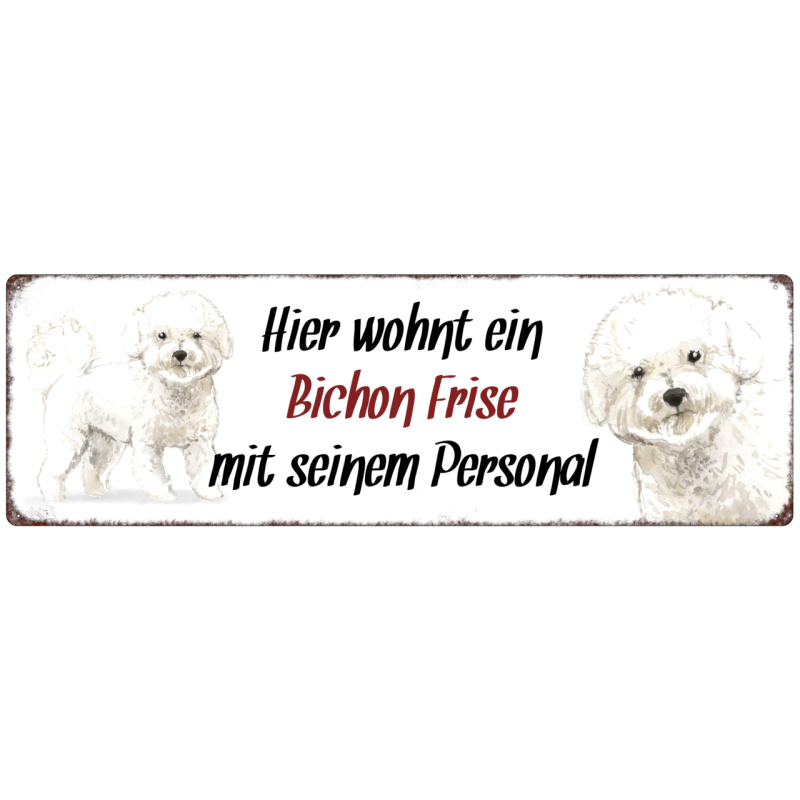 Interluxe Metallschild - Hier wohnt ein Bichon Frise - dekoratives Schild, Türschild, Blechschild als Geschenk für Menschen mit Hund