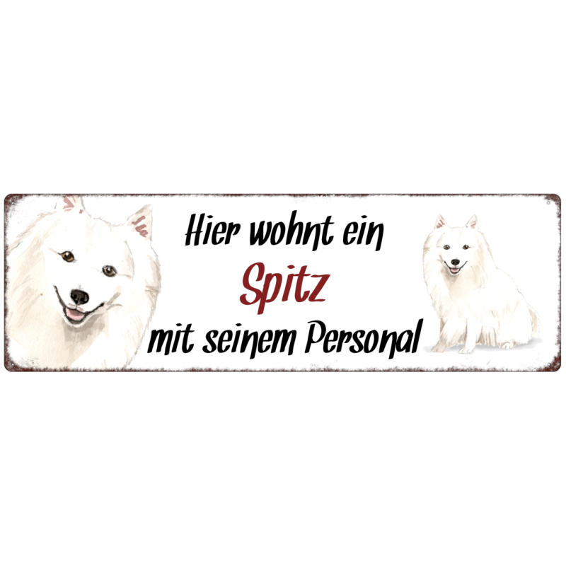 Interluxe Metallschild - Hier wohnt ein Spitz - dekoratives Schild, Türschild, Blechschild als Geschenk für Menschen mit Hund