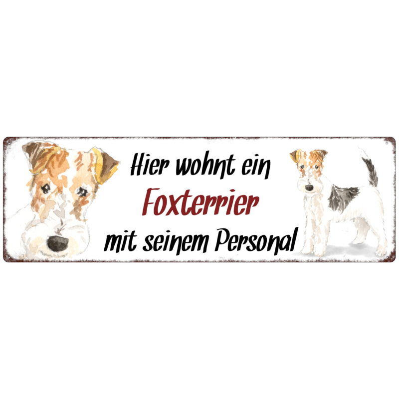 Interluxe Metallschild - Hier wohnt ein Foxterrier - dekoratives Schild, Türschild, Blechschild als Geschenk für Menschen mit Hund