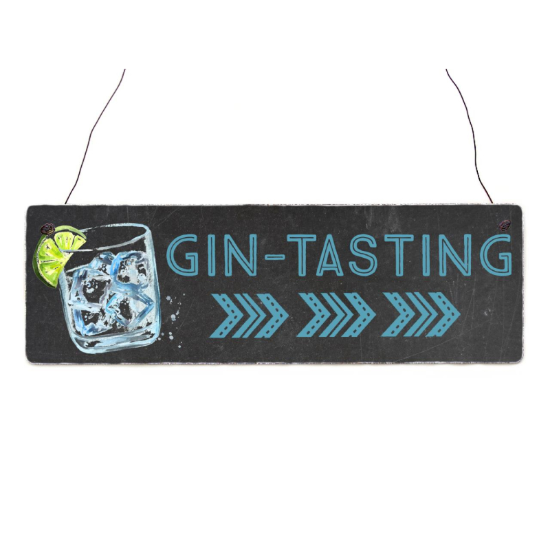Interluxe Holzschild - Gin Tasting Pfeil rechts - Schild als Wegweiser oder Dekoration für Cocktailbar, Party, Barmixer, Hochzeit, Geburtstagsfeier