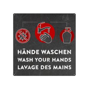 Schilderkönig Metallschild 20x20cm - Hände waschen mehrsprachig - Hinweisschild für Toilette, Bad, WC oder Waschbecken in Werkstatt, Firma, Lager, Büro