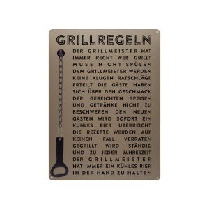 Schilderkönig Metallschild  mit Flaschenöffner 300x220mm - Grillregeln - Schild für den Grill Terrasse Balkon Grillecke oder Grillparty