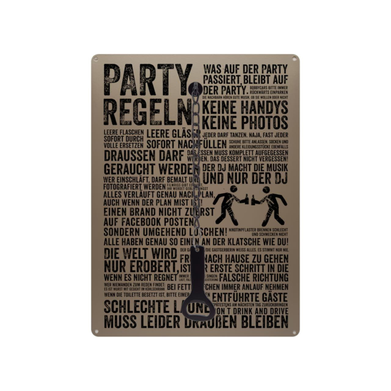 Schilderkönig Metallschild  mit Flaschenöffner 300x220mm - Partyregeln - lustiges Schild für Party, Feier, Fest, JGA, Partykeller, Partyzelt
