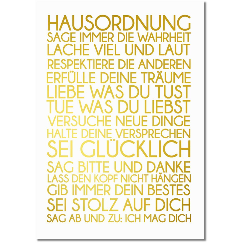 Interluxe Golddruck Hausordnung Metallic-Print mit Goldfolie auf weißem Karton A3 und A4
