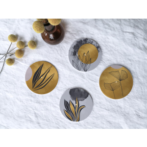 Interluxe LED Untersetzer RUND 4er Set - Gold Natur - vier leuchtende Design Untersetzer als Tischdeko Geschenk Blätter Natur