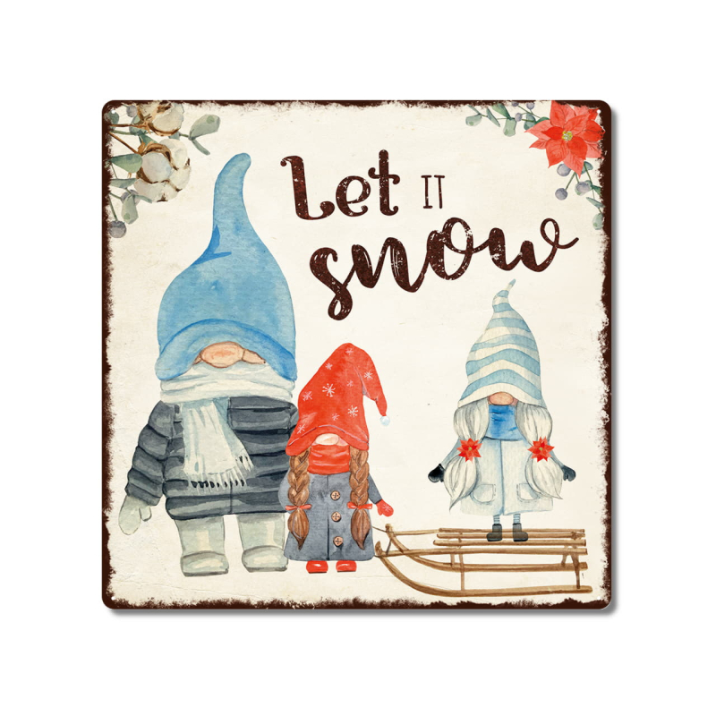 Interluxe Metallschild 20x20cm - Gnome let it snow - Geschenk für Freunde Familie Weihnachtsdekoration Weihnachten