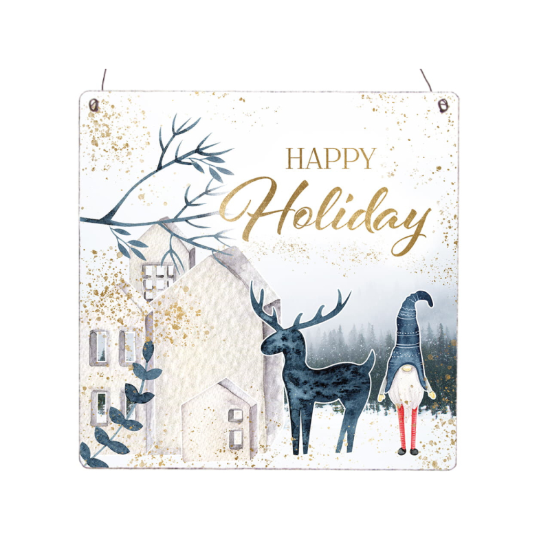 Interluxe Holzschild XL - Happy Holiday Scandi - Geschenk Rentier Hirsch Gnom Winter Schnee