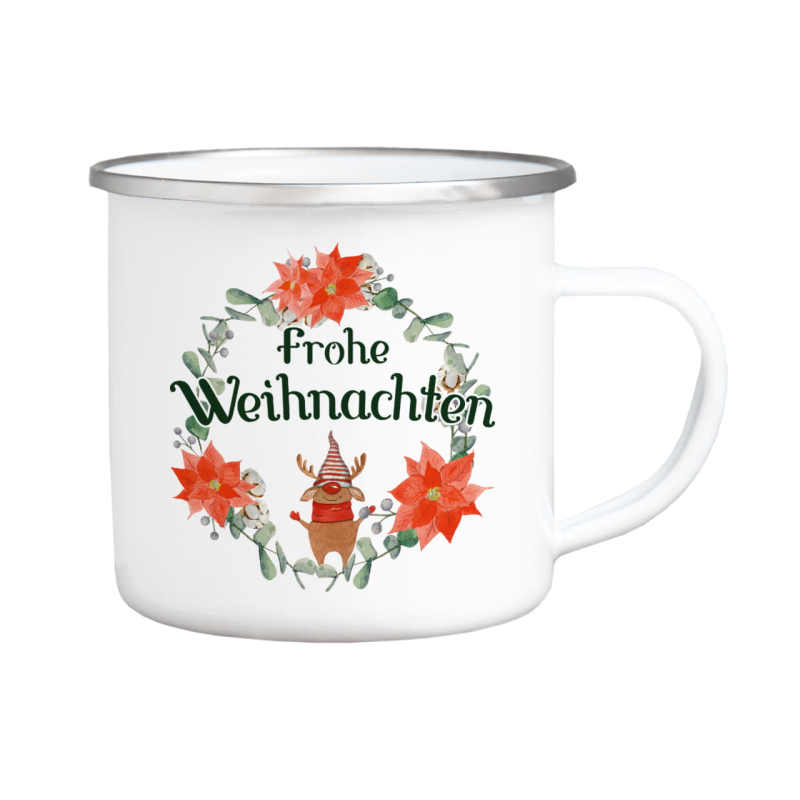 EMAILLE BECHER - Frohe Weihnachten Elch - Retro Tasse lustige Geschenkidee für Freunde Familie Glühwein Weihnachtsmarkt Adventszeit Weihnachtsmann Winter