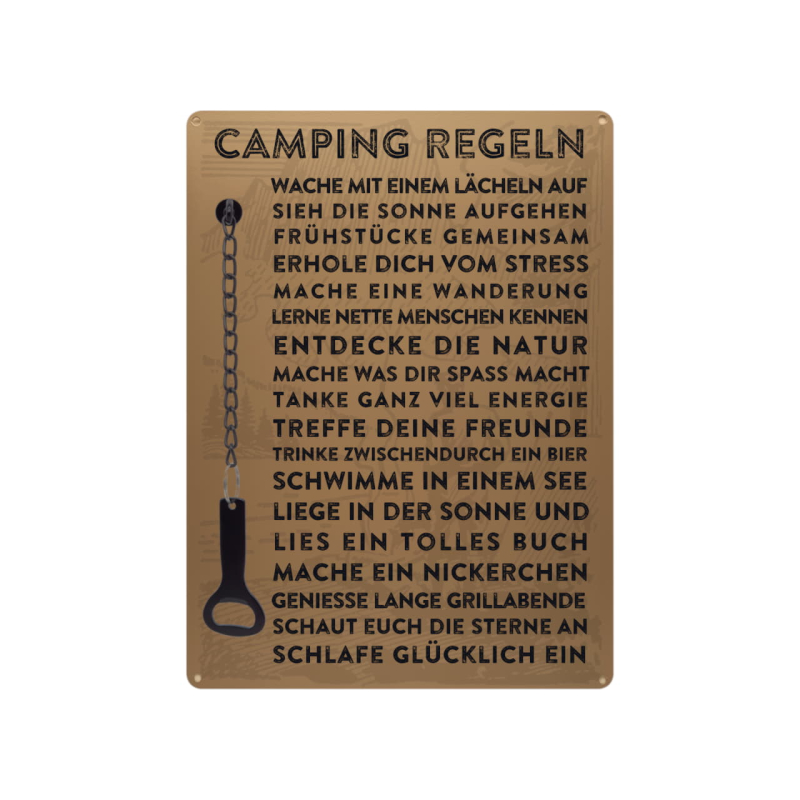 Schild mit Flaschenöffner 300x220mm - Camping Regeln - Metallschild in Goldoptik lustig Camper Campen Outdoor Campingplatz