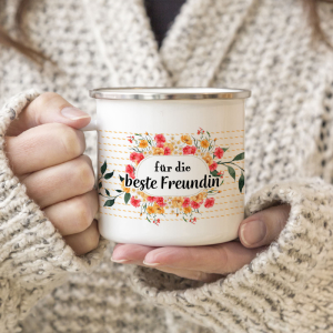 EMAILLE BECHER - Für die beste Freundin - Blumen Freundschaft Tasse als Geschenk