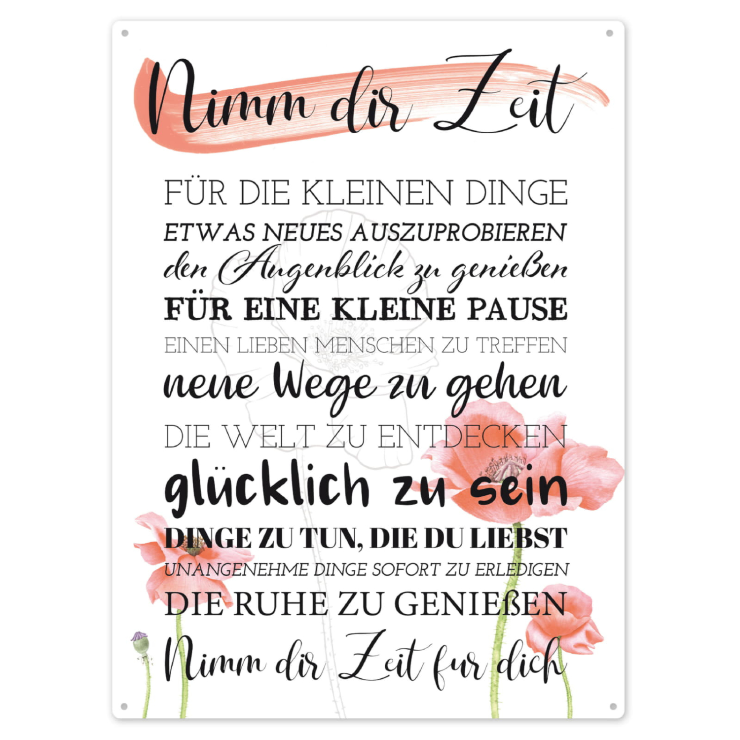 Interluxe 300x220mm Blechschild Wandschild - NIMM DIR ZEIT - Serie Mohn - Dekoschild mit Mohnblumen