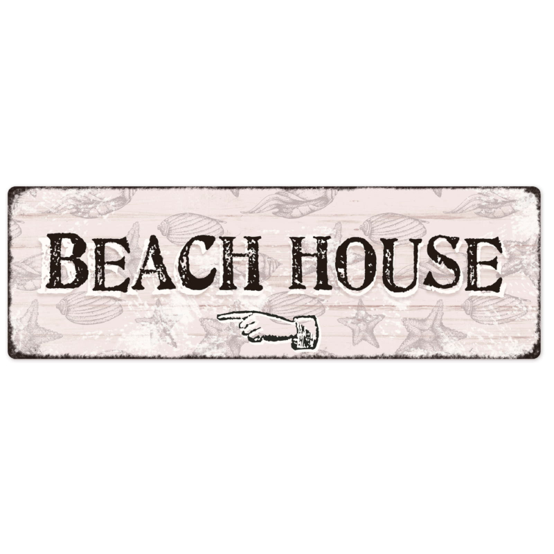 Interluxe Metallschild - Beach House links - Dekoschild Strandhaus Maritim Meer Küste Muscheln Strand