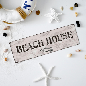 Interluxe Metallschild - Beach House links - Dekoschild Strandhaus Maritim Meer Küste Muscheln Strand