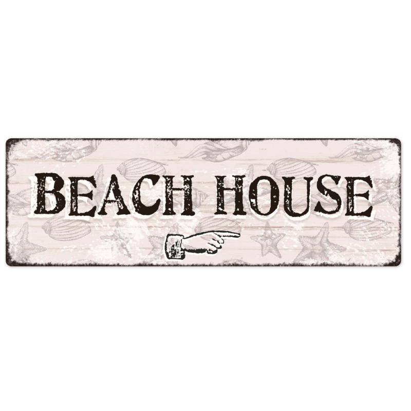 Interluxe Metallschild - Beach House rechts - Dekoschild Strandhaus Maritim Meer Küste Muscheln Strand