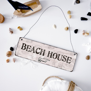 Interluxe Holzschild - Beach House rechts - Dekoschild Maritim Sommer Wegweiser Schild Shabby Vintage