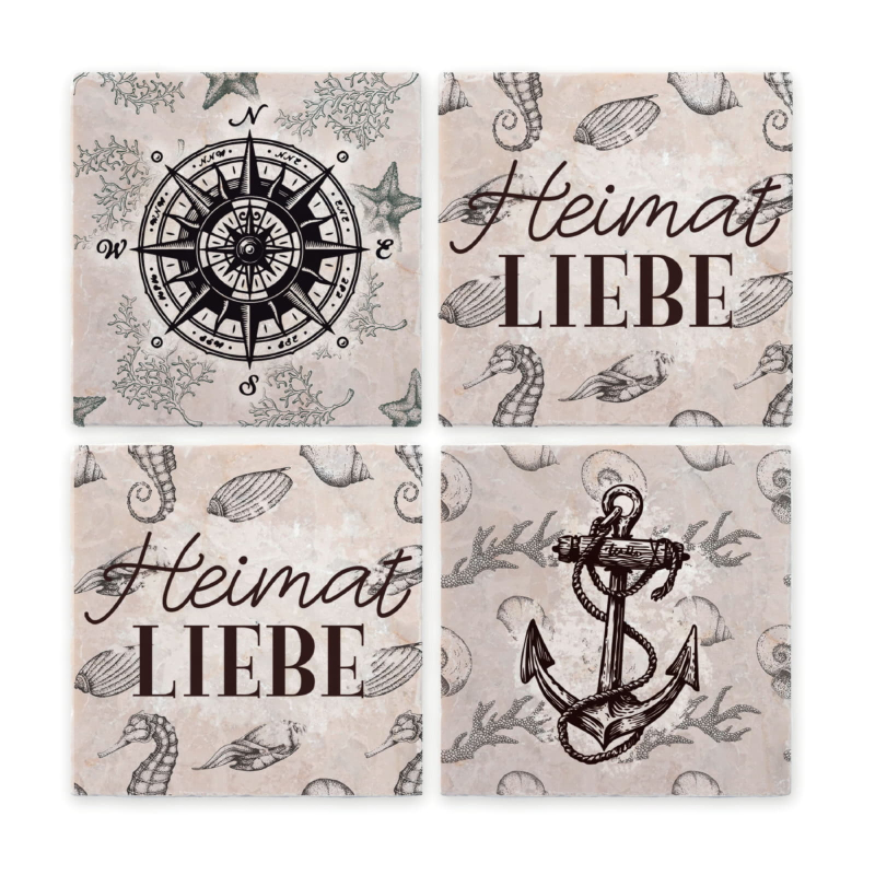 Interluxe 4 Stück Marmor Untersetzer - Heimat Liebe - Getränkeuntersetzer aus Antikmarmor Meer Maritim