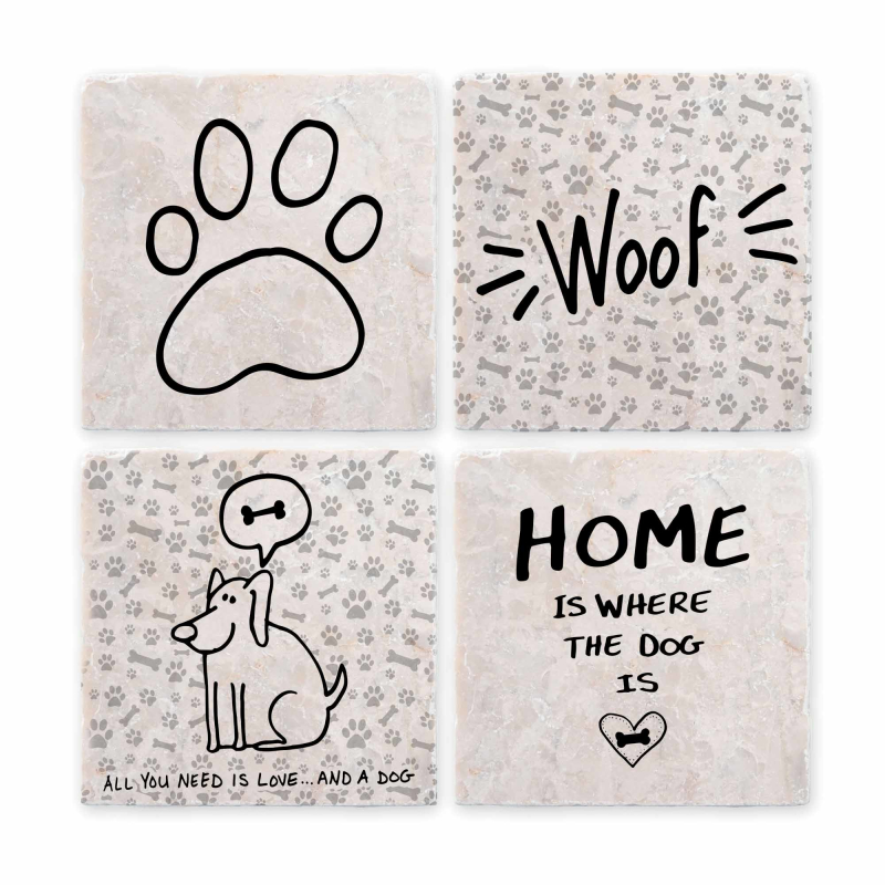 Interluxe 4 Stück Marmor Untersetzer - All you need is love and a DOG - Getränkeuntersetzer aus Antikmarmor Hundemenschen Pfoten Woof