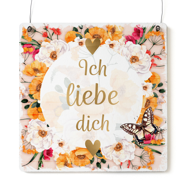 Interluxe Holzschild Schild XL - Ich liebe dich - Serie Wildflora Blumen Skandi Modern Dekoschild Valentinstag Geschenk Liebe