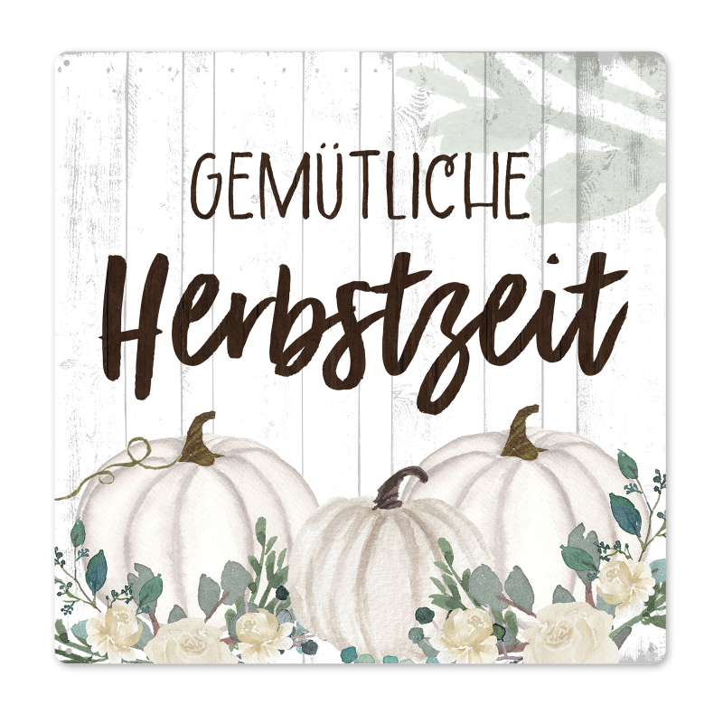 Interluxe Schild Metallschild 20x20cm - Gemütliche Herbstzeit - Herbst Herbstdeko Herbstschild weißer Kürbis Baby Boo Pumpkin Landhaus scandi