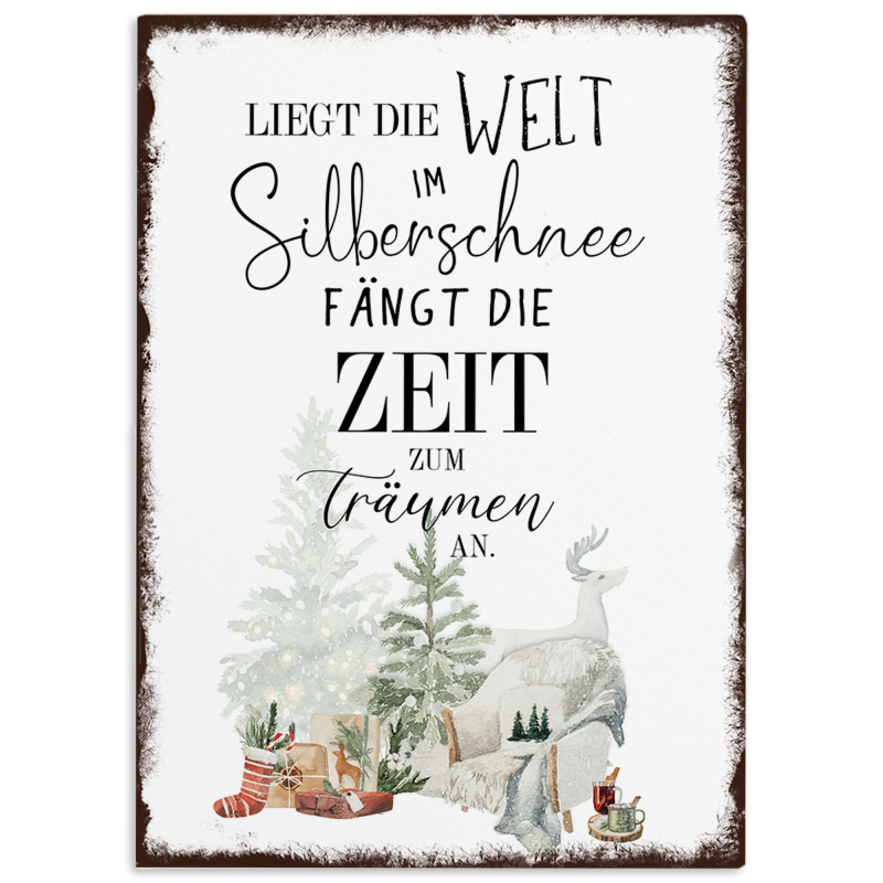 Interluxe Holzschild Wandtafel 28x20cm - Liegt die Welt im Silberschnee - Schild mit Spruch Dekoschild Weihnachten Weihnachtszeit Winter Winterzeit 