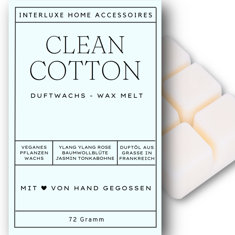Interluxe Duftwachs Clean Cotton - Pflanzenwachs Duftwachswürfel mit dem Duft nach frisch gewaschener Baumwolle
