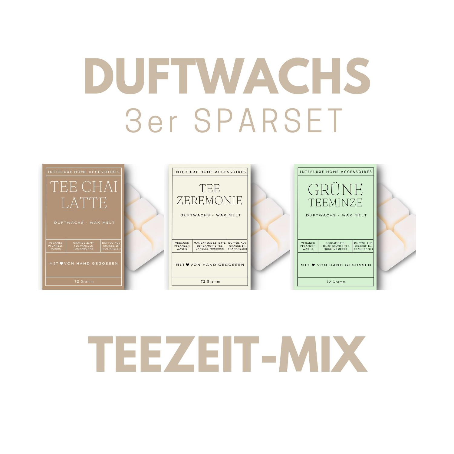 Interluxe Duftwachs 3er Sparset - Teezeit mit Tee Chai Latte, Teezeremonie und Grünem Tee