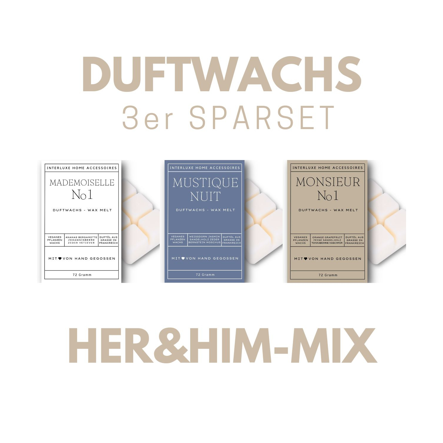 Interluxe Duftwachs 3er Sparset - Her&Him mit Mademoiselle No1, Mustique Nuit und Monsieur No1