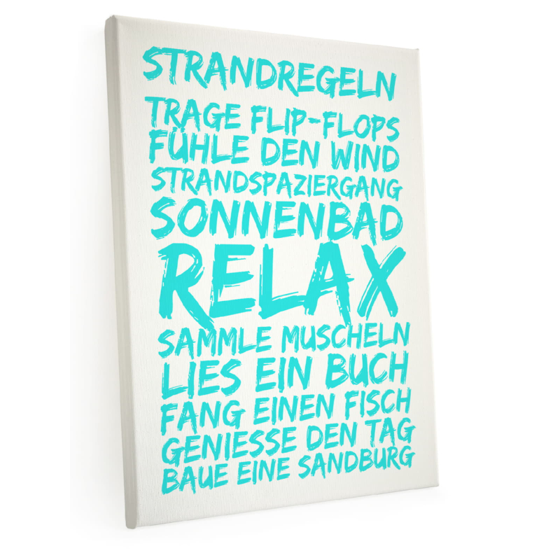 Shabby Bild auf LEINWAND Keilrahmen STRANDREGELN [TÜRKIS] Wandbild Motivation Typografie
