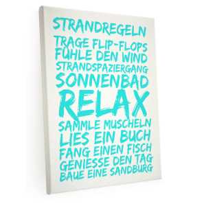 Shabby Bild auf LEINWAND Keilrahmen STRANDREGELN [TÜRKIS] Wandbild Motivation Typografie
