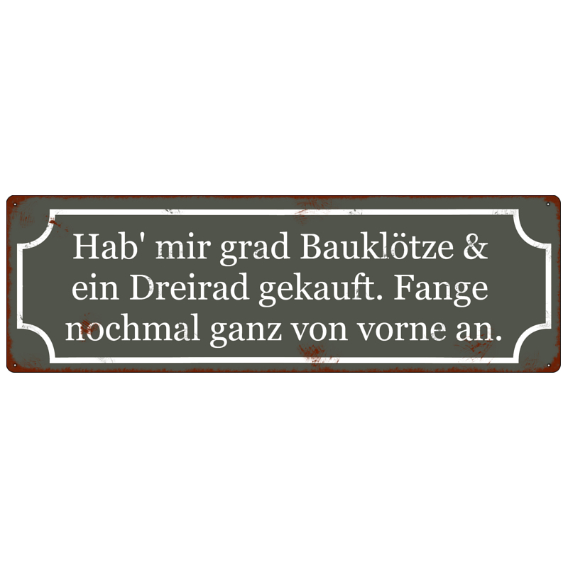 METALLSCHILD Blechschild HAB MIR GRAD BAUKLÖTZE & EIN DREIRAD GEKAUFT.