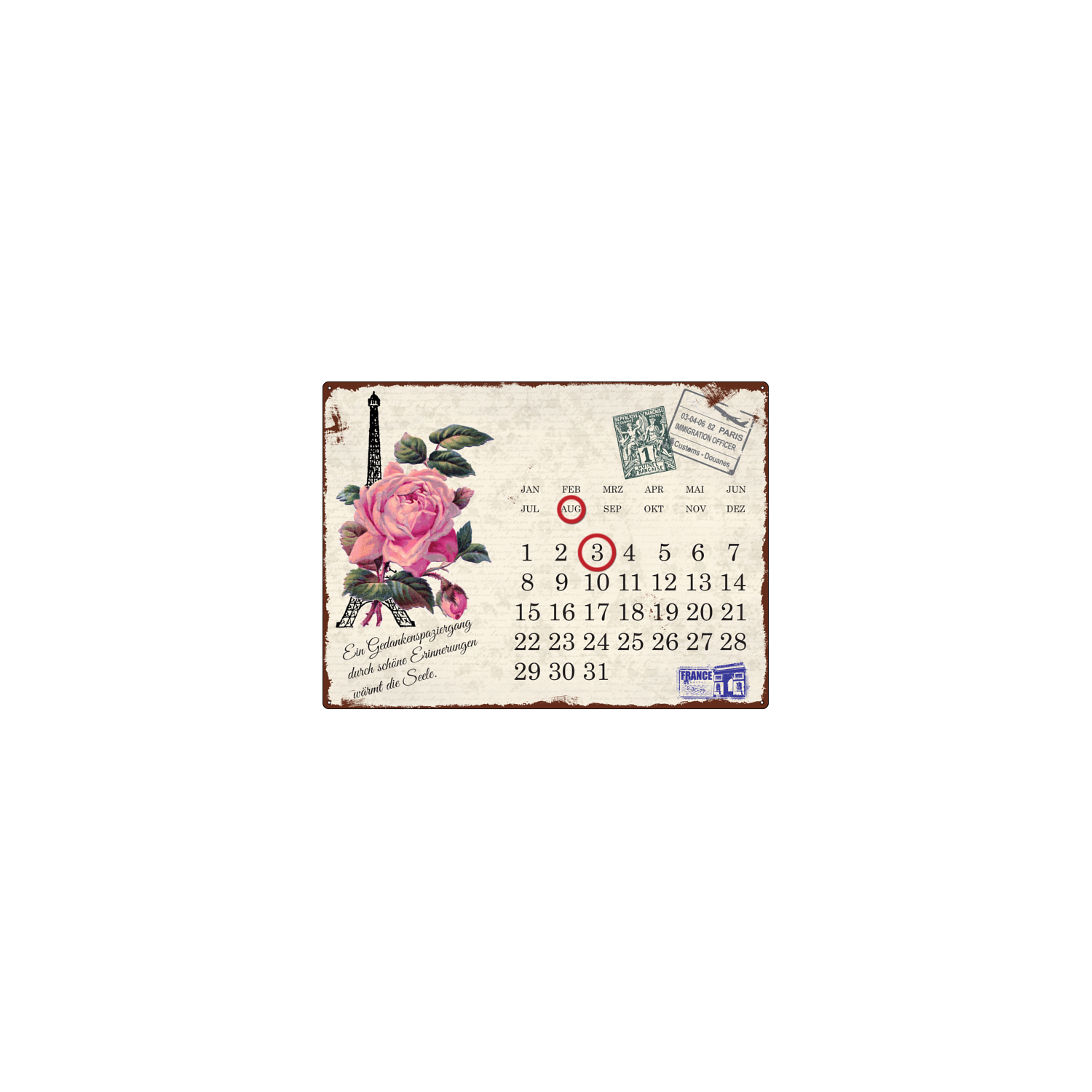 INTERLUXE KALENDER Metall Shabby Wandkalender PARIS ROSE Geschenk Deko Vintage