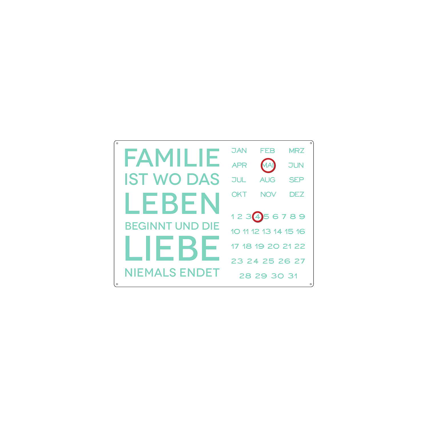 INTERLUXE KALENDER Metall Wandkalender FAMILIE IST WO DAS LEBEN BEGINNT Geschenk