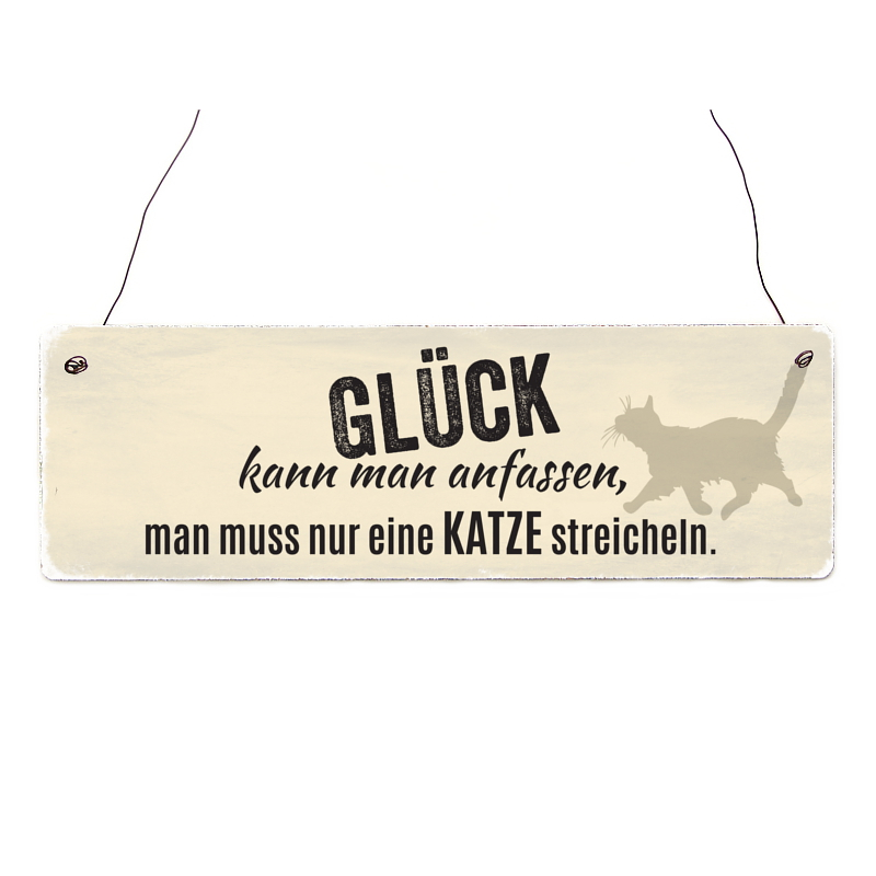 INTERLUXE Holzschild GLÜCK KANN MAN ANFASSEN Katze Spruch Vintage Geschenk
